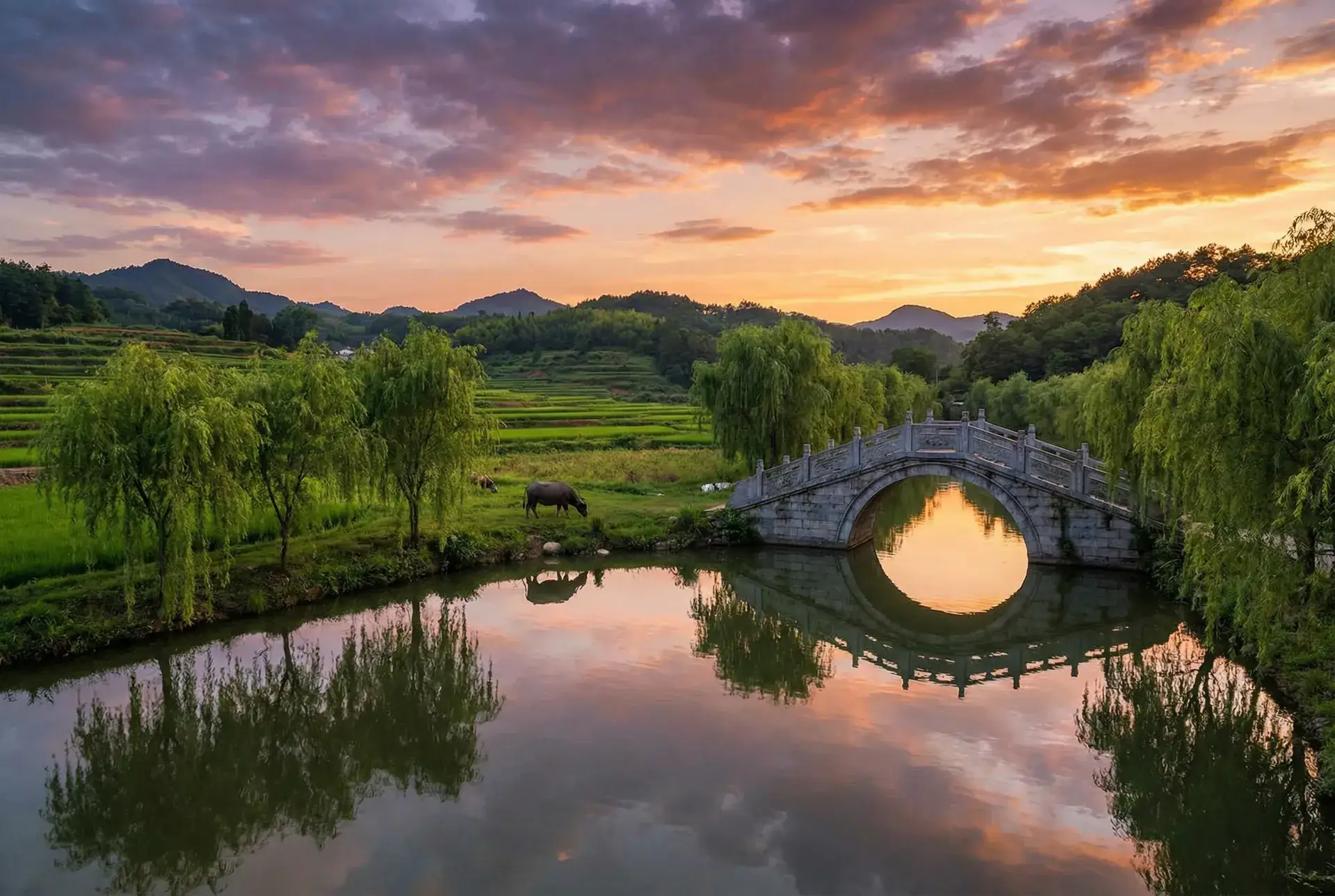 夕阳下的石拱桥与垂柳，水牛在河边吃草 - 光棍天堂免费观看在线观看 乡村美景